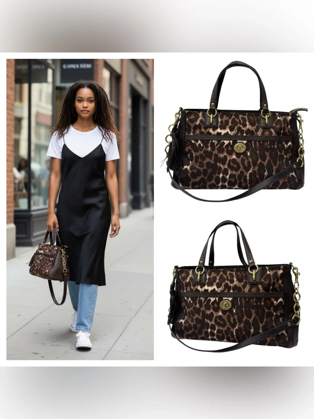 Coach Dark Brown Leopard Print Canvas and Leather Park Chain Ocelot shoulder bag